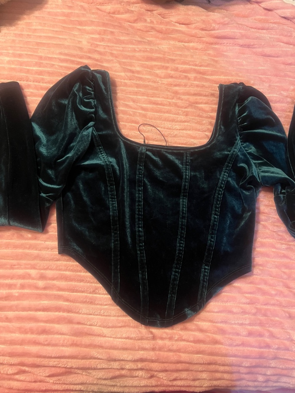 Velvet mini Puff-Sleeve Corset Top in Deep Green